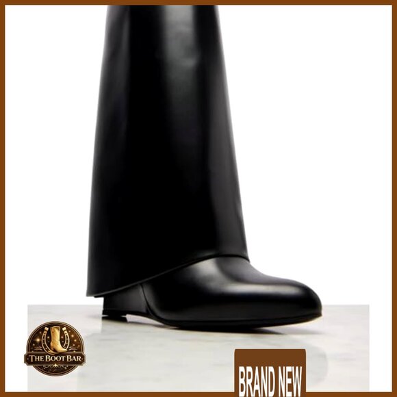 Knee High Wedge Boots Fold Over Shaft Wide Calf Pull On Leather Fashion - Picture 5 of 7